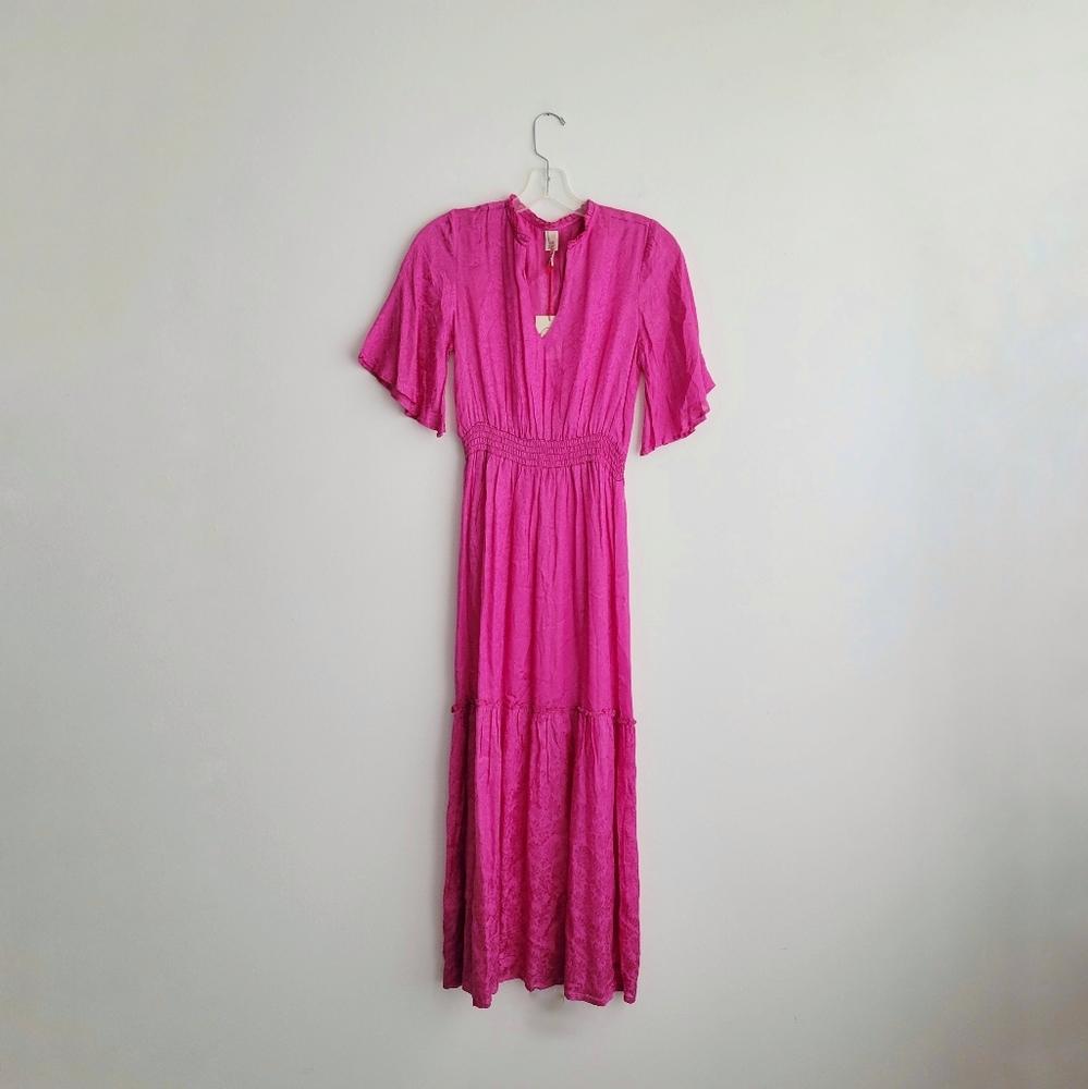 NWT Raga Anthropologie Pink Fuchsia Tiered Viscose Jacquard Maxi Dress